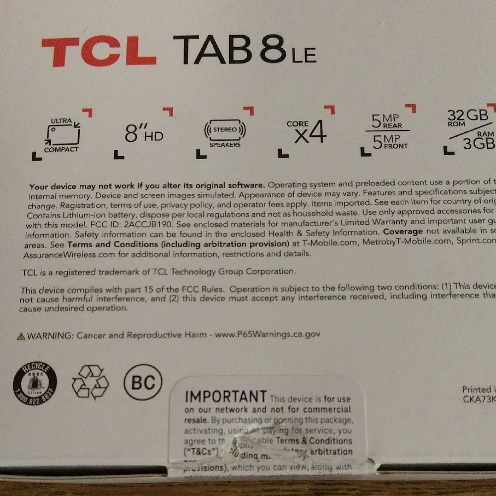 TCL Black Tablet with Large Touchscreen and Camera